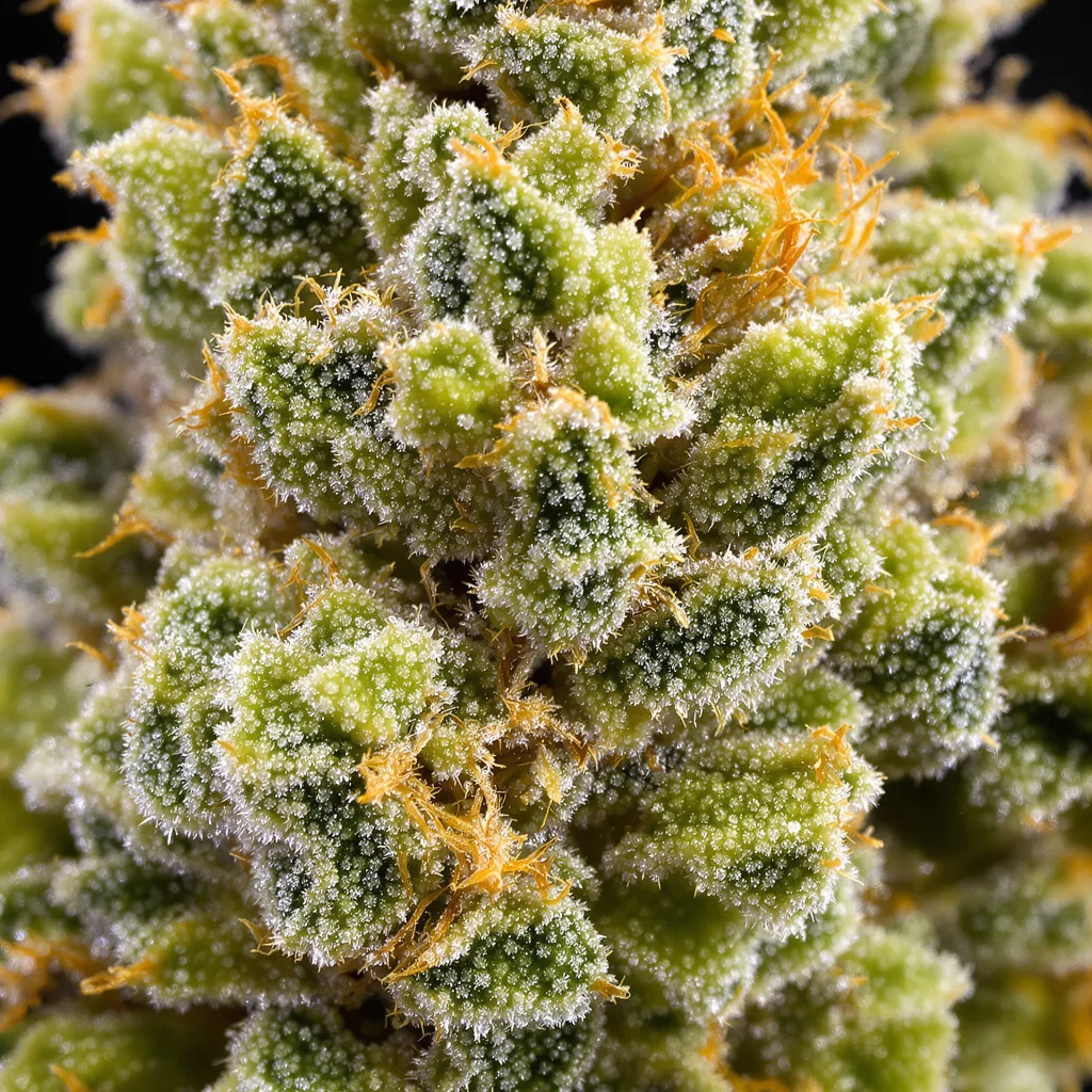 Primer plano de cogollo de cannabis Tangerine Power mostrando estructura aireada verde lima