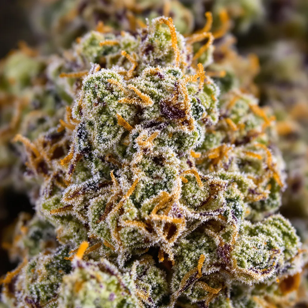 Primer plano de cogollo de cannabis Tangie Dream Book mostrando estructura abierta con pistilos naranjas