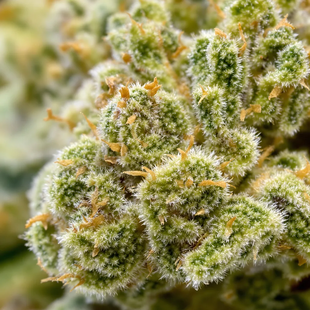 Primer plano de cogollo de cannabis Tangilope mostrando estructura aireada verde lima