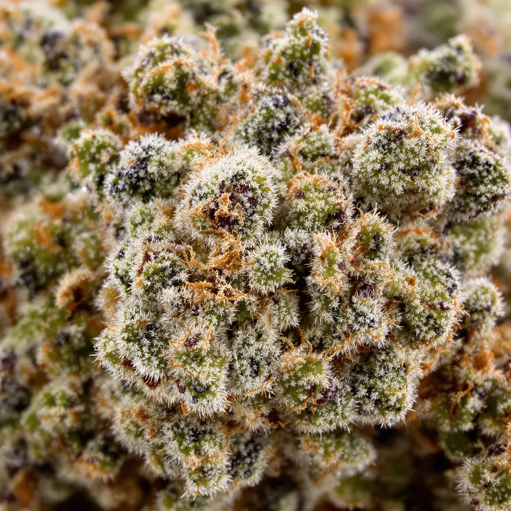 Primer plano de cogollo de cannabis Tango mostrando estructura equilibrada con tricomas escarchados