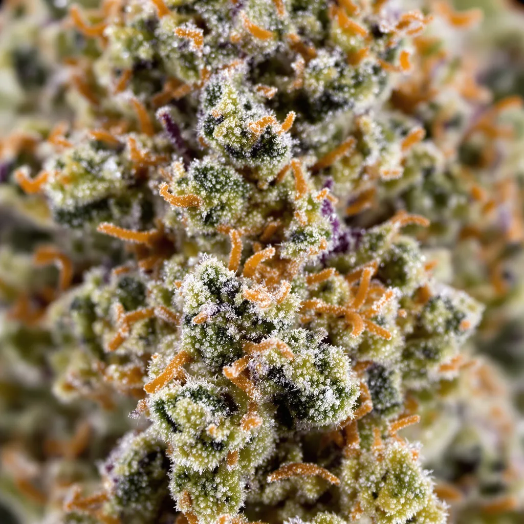 Primer plano de cogollo de cannabis Tembo Kush mostrando estructura equilibrada con tricomas escarchados