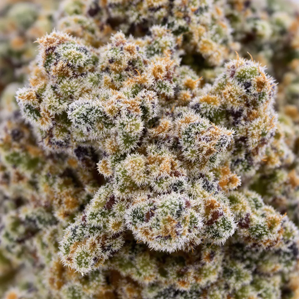 Primer plano de cogollo de cannabis Tembo Kush mostrando estructura equilibrada con tricomas escarchados