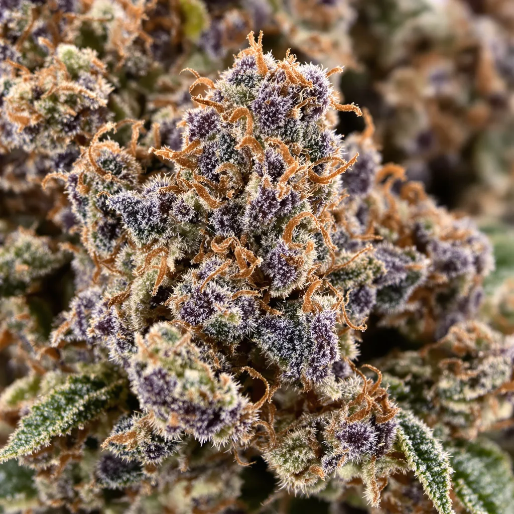 Primer plano de cogollo de cannabis Terminator OG mostrando cálices densos con tonos morados
