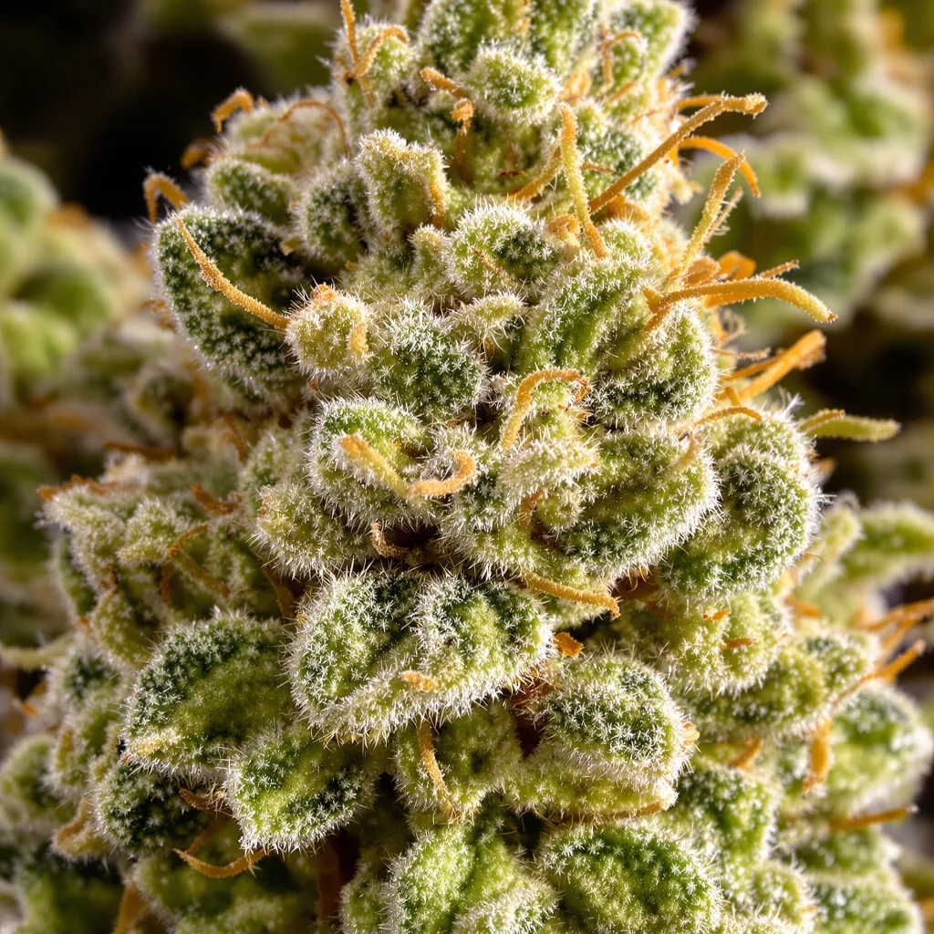 Primer plano de cogollo de cannabis Thai mostrando estructura aireada verde lima