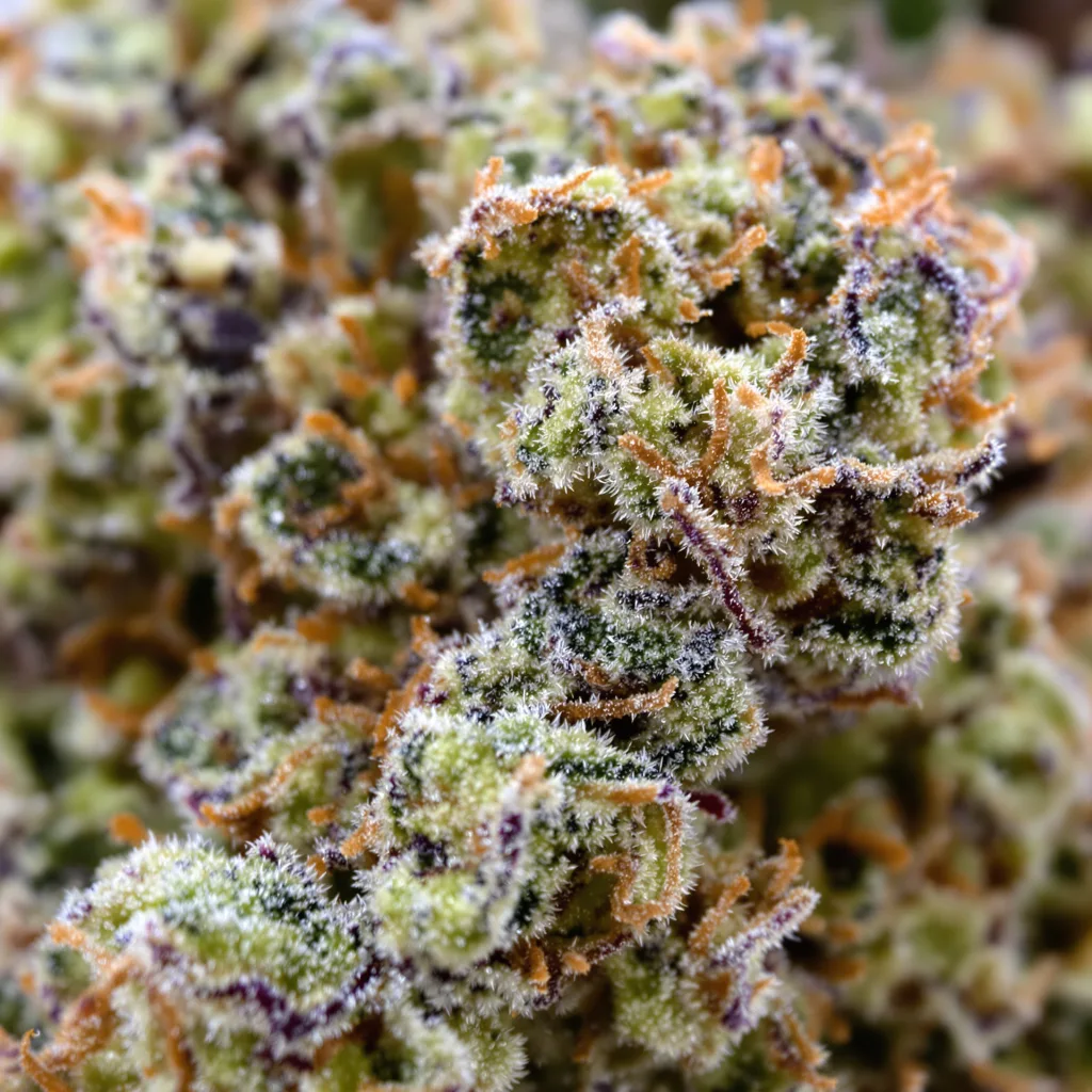 Primer plano de cogollo de cannabis THC Bomb mostrando cogollos densos verde bosque