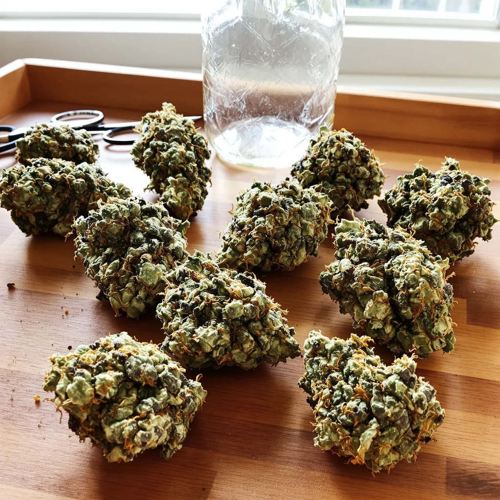 The Big Stink 85% indica / 15% sativa — flor con tricomas visibles