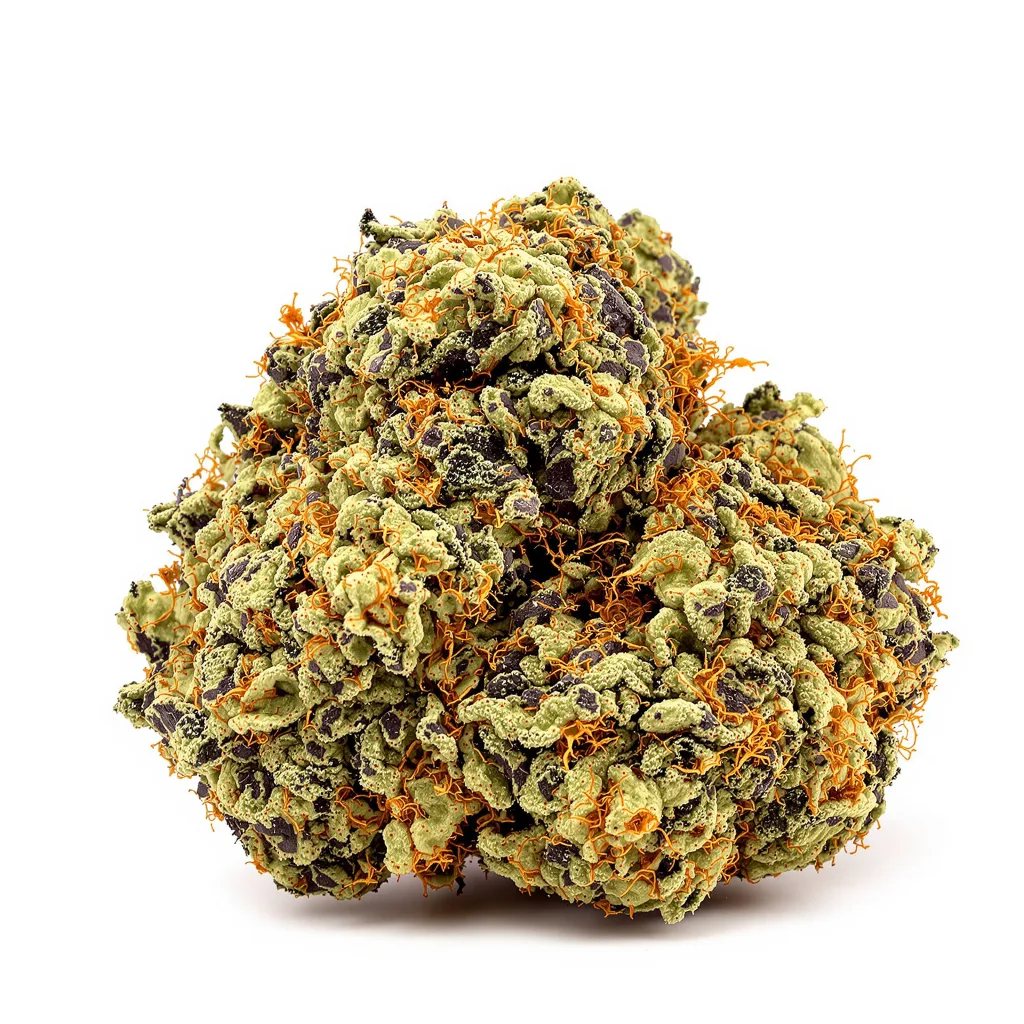 The Big Stink 85% indica / 15% sativa — flor con tricomas visibles