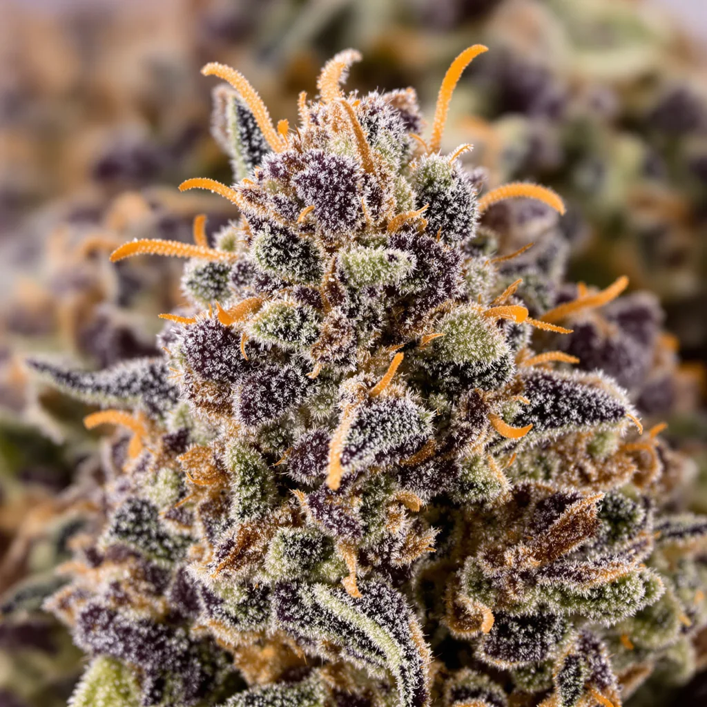 Primer plano de cogollo de cannabis The Big Stink mostrando cálices densos con tonos morados