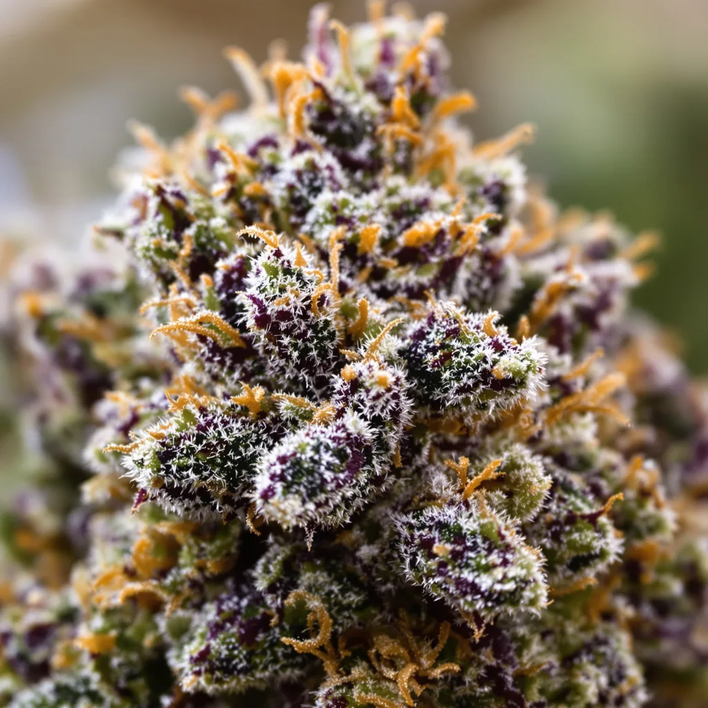 Primer plano de cogollo de cannabis The Hog mostrando cálices densos con tonos morados