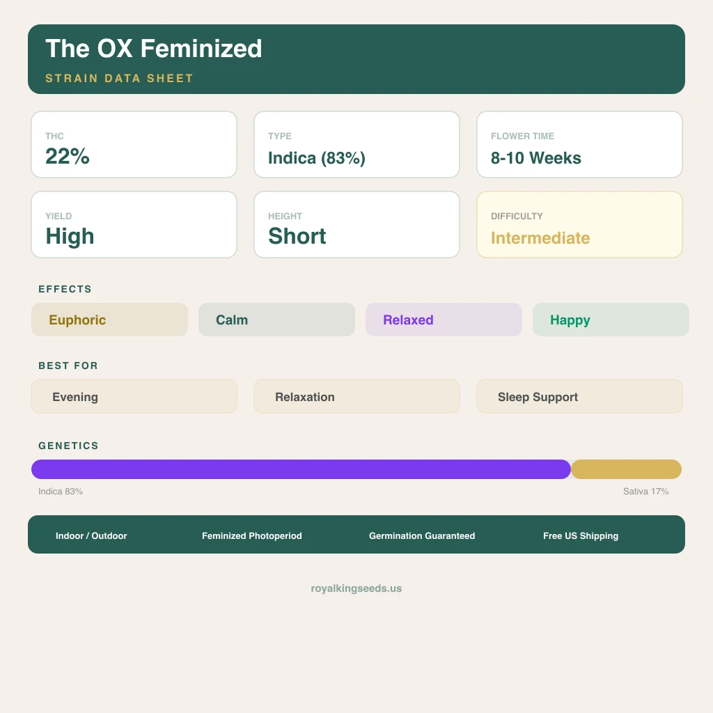 The OX 83% indica / 17% sativa — flor con tricomas visibles
