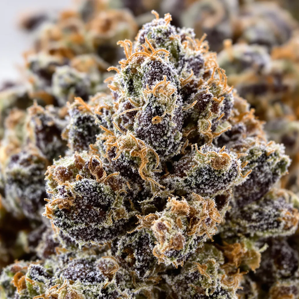Primer plano de cogollo de cannabis The OX mostrando cálices densos con tonos morados