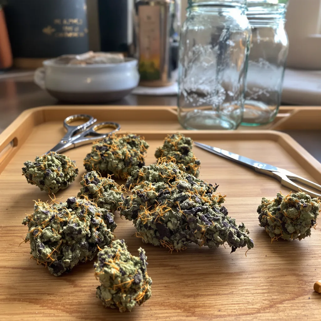 The Sister 77% indica / 23% sativa — flor con tricomas visibles