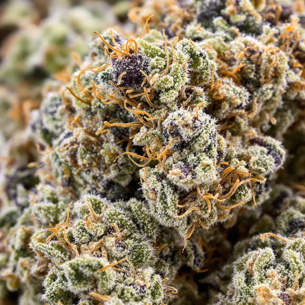 Primer plano de cogollo de cannabis The White mostrando cálices densos con tonos morados
