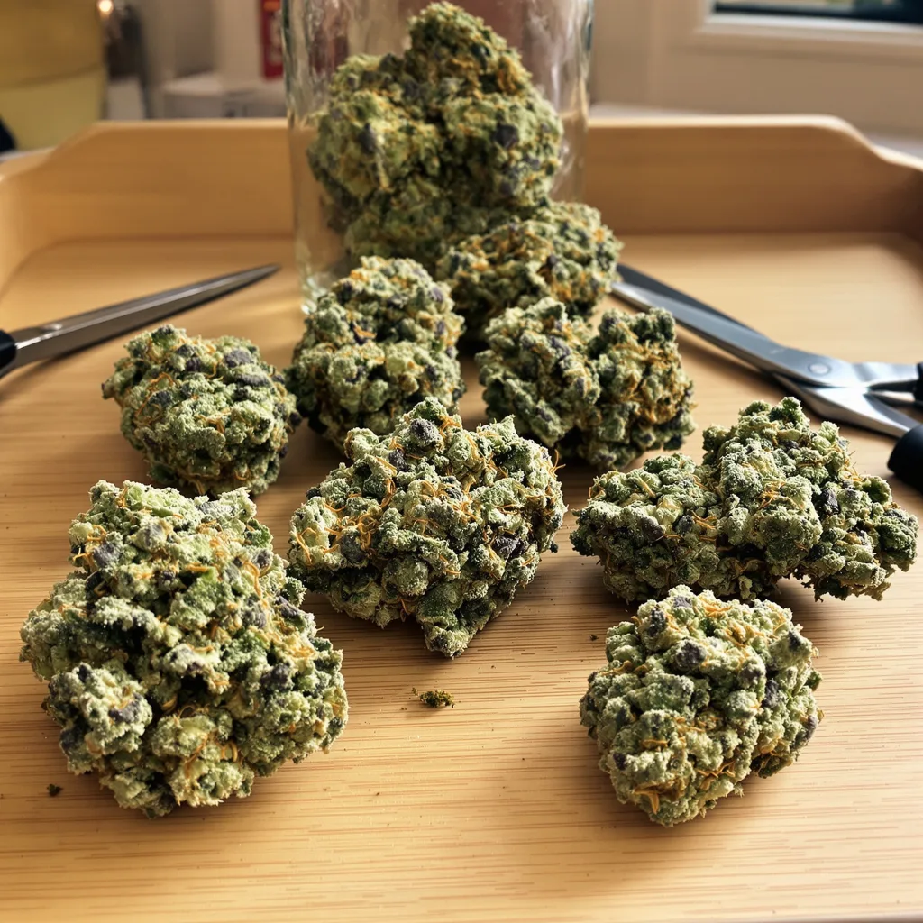 Thin Mint GSC 50% indica / 40% sativa — flor con tricomas visibles