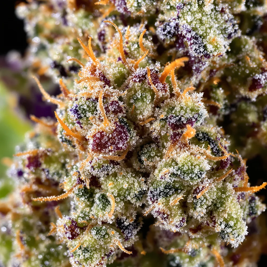 Primer plano de cogollo de cannabis Thin Mint GSC mostrando estructura equilibrada con tricomas escarchados