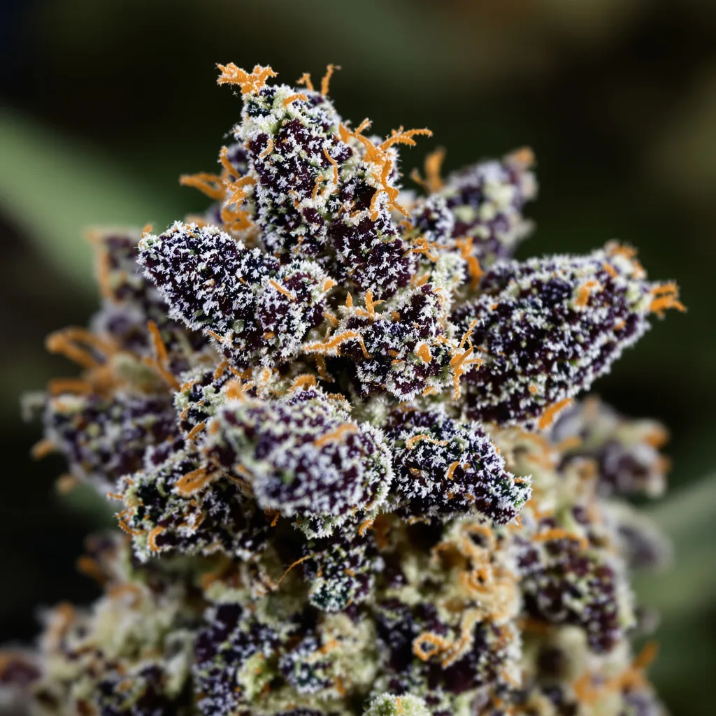 Primer plano de cogollo de cannabis Tora Bora mostrando cálices densos con tonos morados