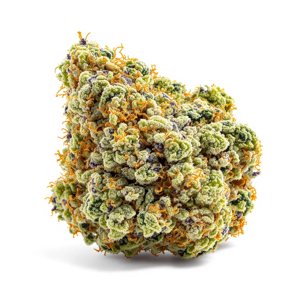 Trainwreck 40% indica / 60% sativa — flor con tricomas visibles