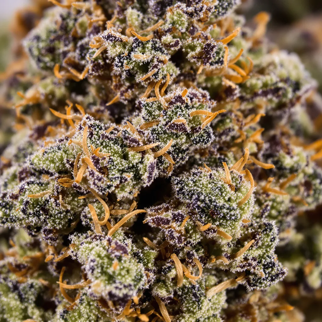 Primer plano de cogollo de cannabis Triple Cheese mostrando cálices densos con tonos morados