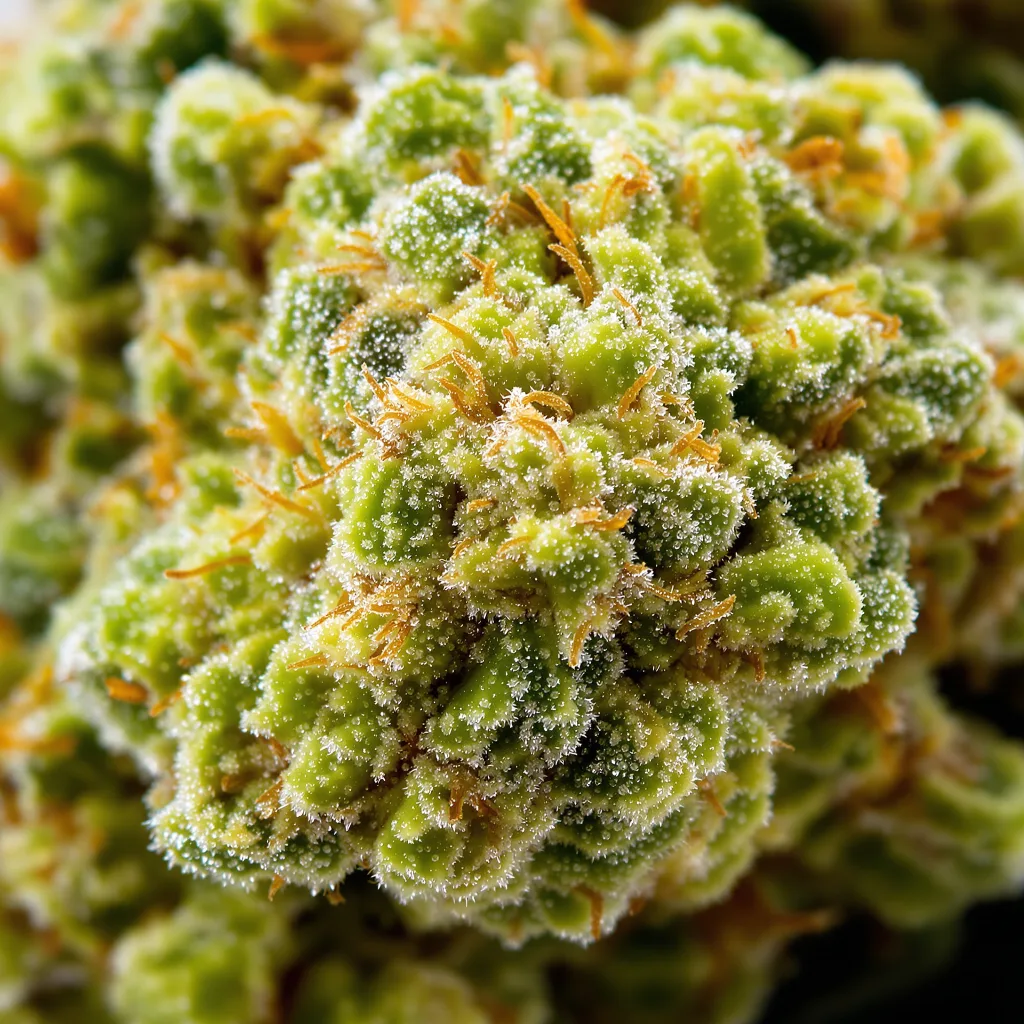 Primer plano de cogollo de cannabis Tropic Thunder mostrando estructura aireada verde lima