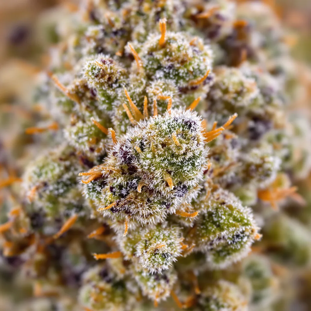 Primer plano de cogollo de cannabis Tropicana Cookies mostrando estructura abierta con pistilos naranjas