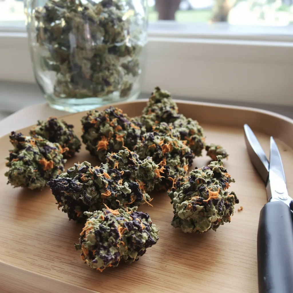 Tropicana Cookies Purple 76% indica / 24% sativa — flor con tricomas visibles