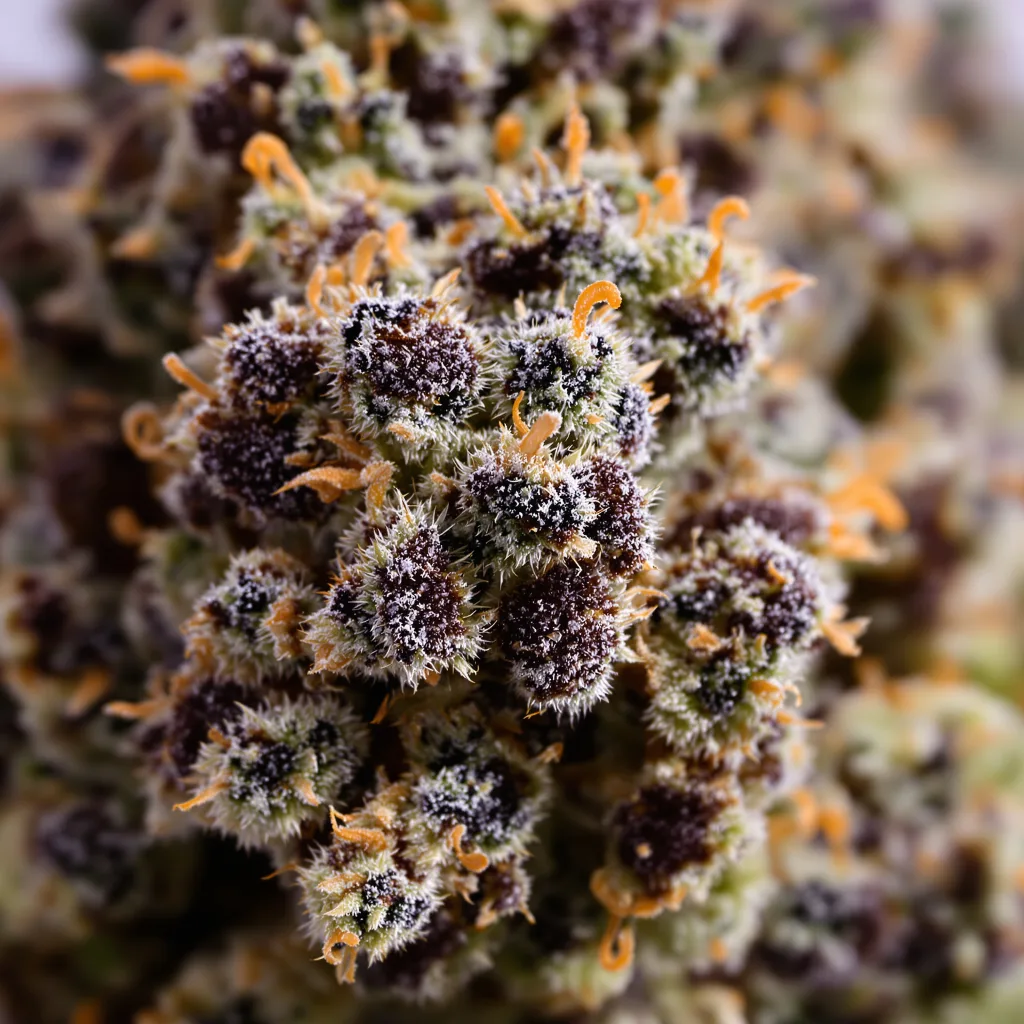 Primer plano de cogollo de cannabis Tropicana Cookies Purple mostrando cálices densos con tonos morados