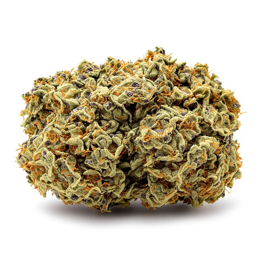 Tropicana Cookies Purple 76% indica / 24% sativa — flor con tricomas visibles