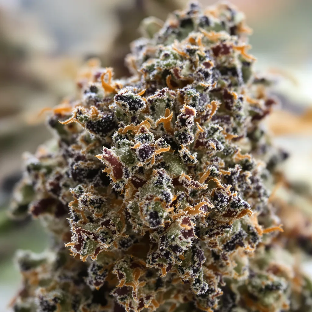 Primer plano de cogollo de cannabis True OG mostrando cálices densos con tonos morados