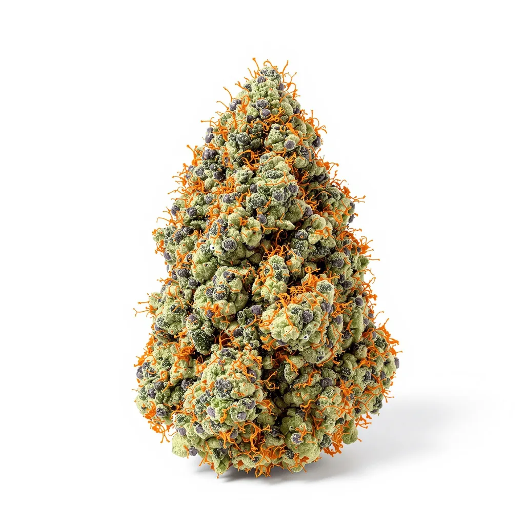 True OG 75% indica / 25% sativa — flor con tricomas visibles