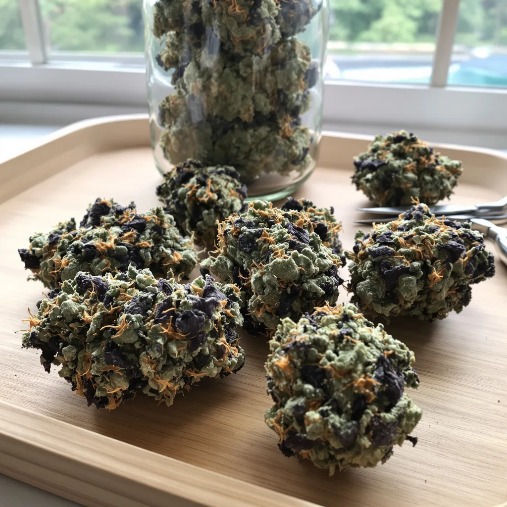 Tuna Kush 70% indica / 30% sativa — flor con tricomas visibles