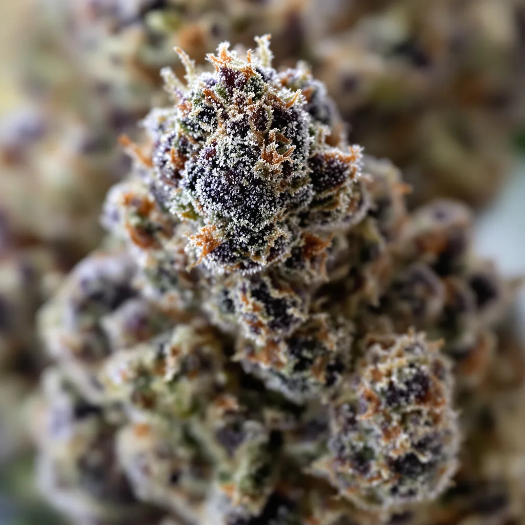 Primer plano de cogollo de cannabis Tuna Kush mostrando cálices densos con tonos morados