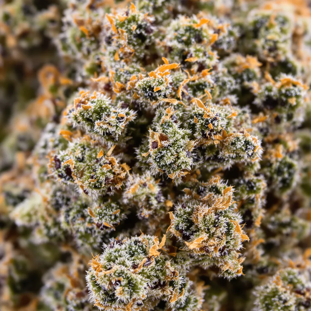 Primer plano de cogollo de cannabis Tuna Kush mostrando cálices densos con tonos morados