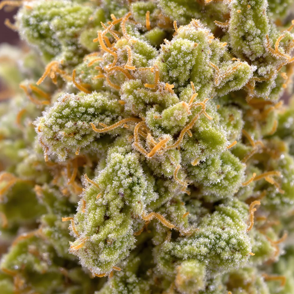 Primer plano de cogollo de cannabis Turbo Mind Warp mostrando estructura aireada verde lima