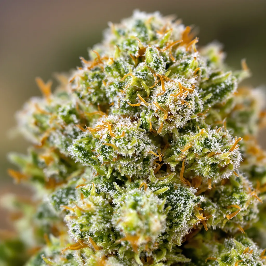 Primer plano de cogollo de cannabis Tutankhamon mostrando estructura aireada verde lima