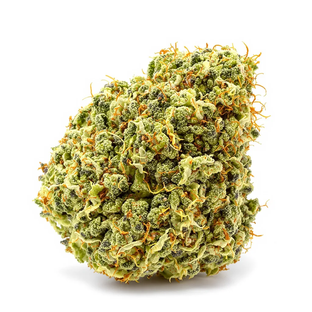 Tutankhamon 12% indica / 88% sativa — flor con tricomas visibles
