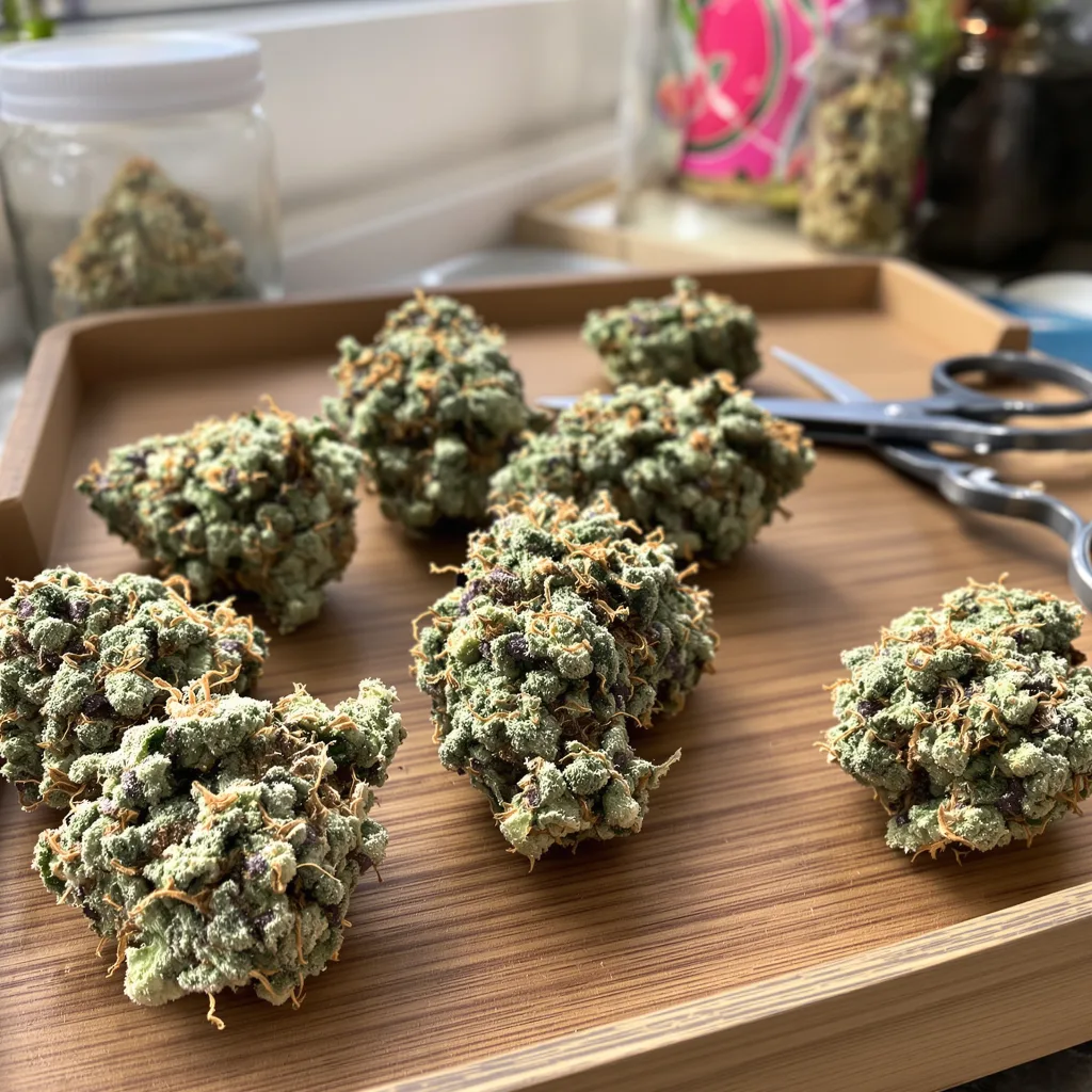 Tutti Frutti 44% indica / 56% sativa — flor con tricomas visibles