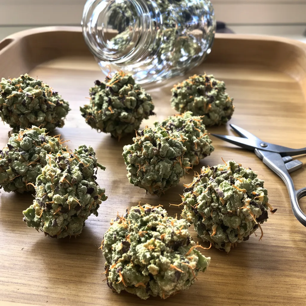 Tutti Frutti 44% indica / 56% sativa — flor con tricomas visibles