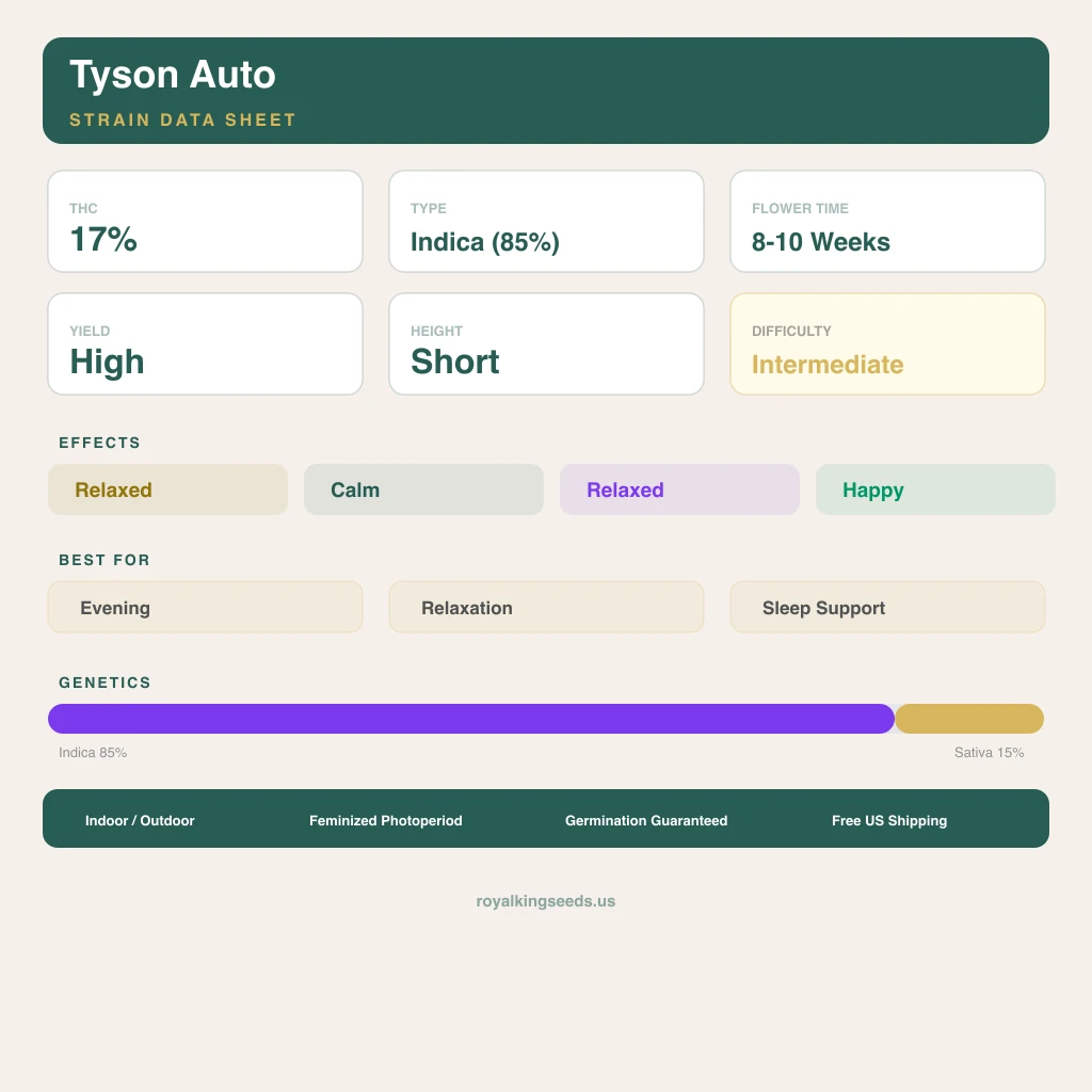 Tyson 85% indica / 15% sativa — flor con tricomas visibles
