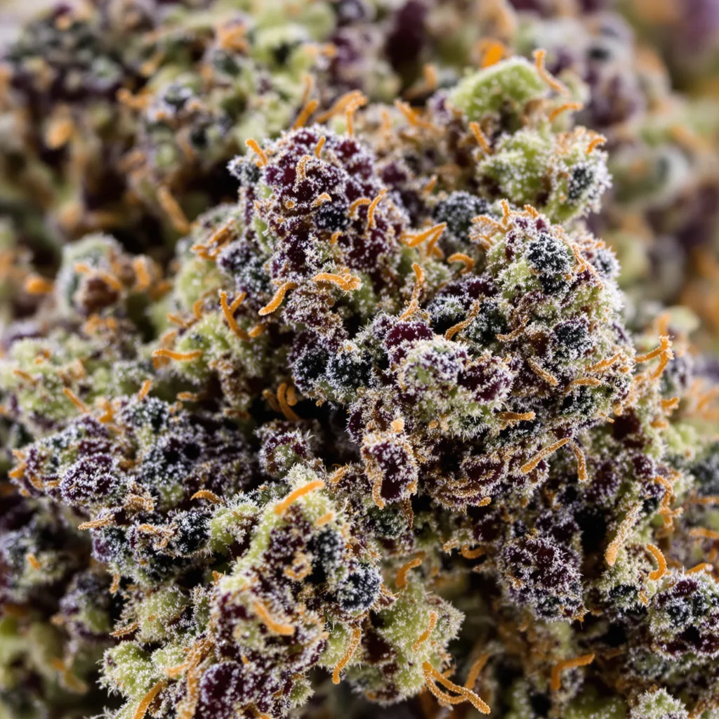Primer plano de cogollo de cannabis U2 Kush mostrando cálices densos con tonos morados