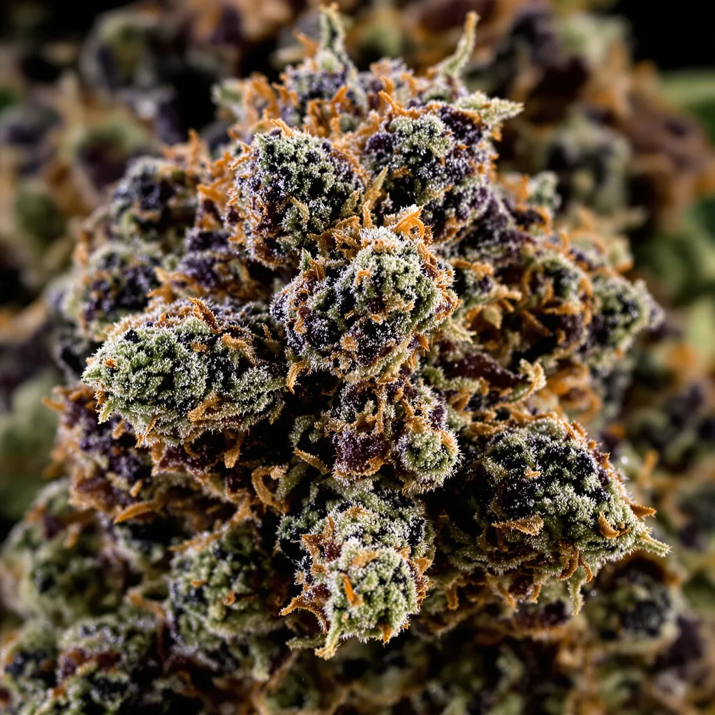 Primer plano de cogollo de cannabis U2 Kush mostrando cálices densos con tonos morados