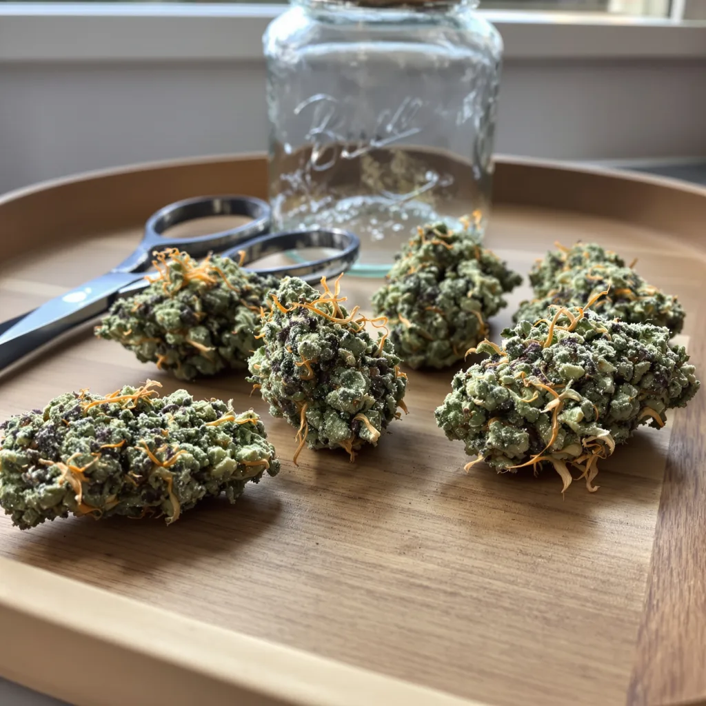 UK Cheese 40% indica / 50% sativa — flor con tricomas visibles