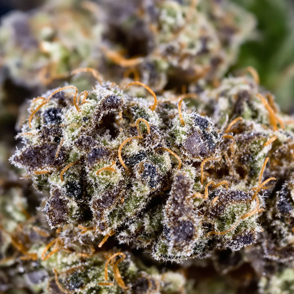 Primer plano de cogollo de cannabis UW mostrando cálices densos con tonos morados