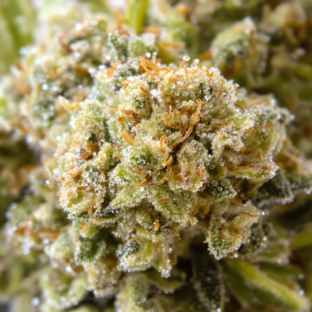 Primer plano de cogollo de cannabis Valentine X CBD mostrando flor clara con baja resina
