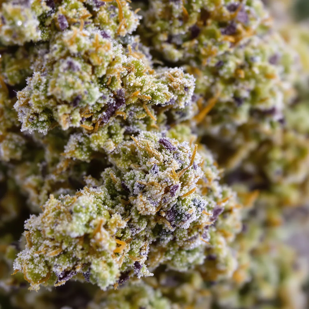 Primer plano de cogollo de cannabis Valley Ghash mostrando estructura equilibrada con tricomas escarchados