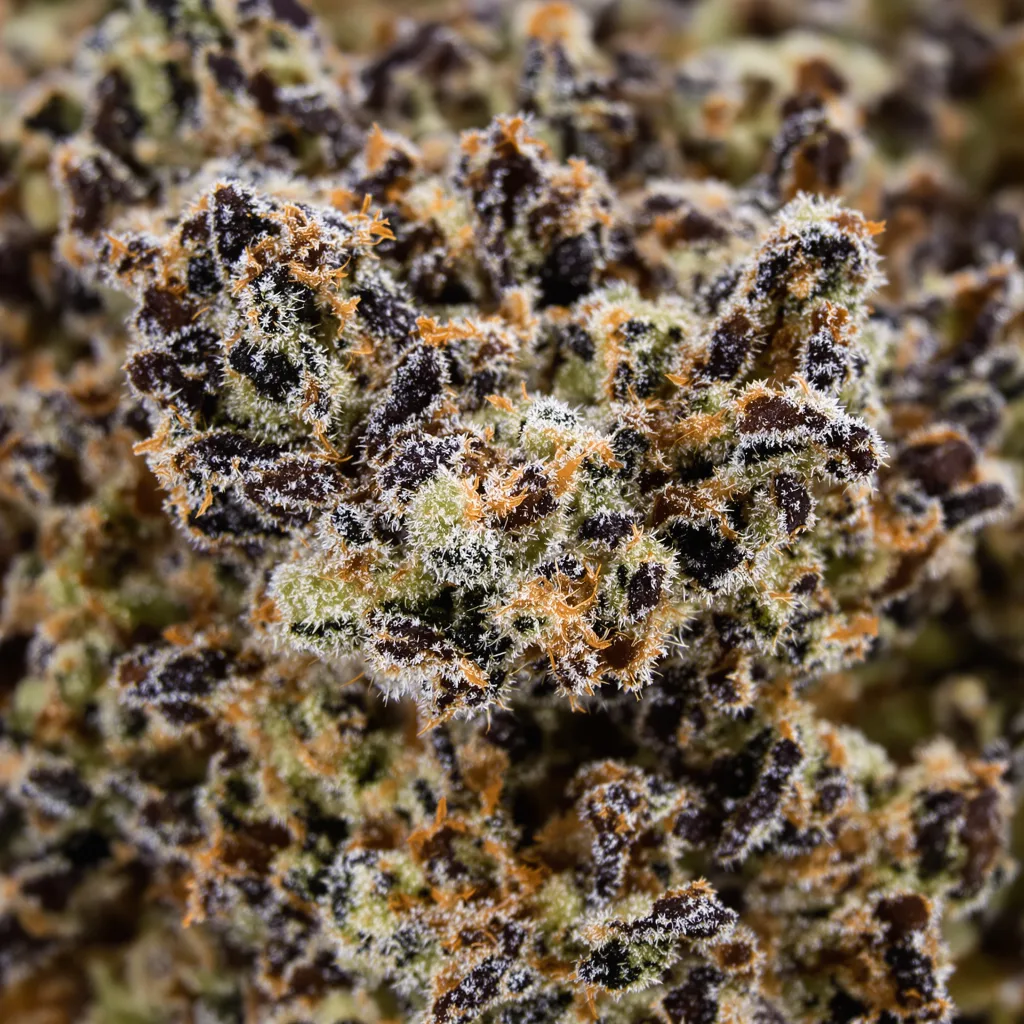 Primer plano de cogollo de cannabis Vanilla Kush mostrando cálices densos con tonos morados