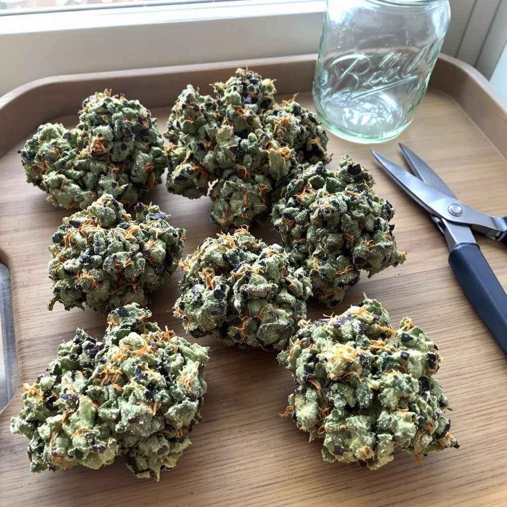 Venus OG 57% indica / 43% sativa — flor con tricomas visibles