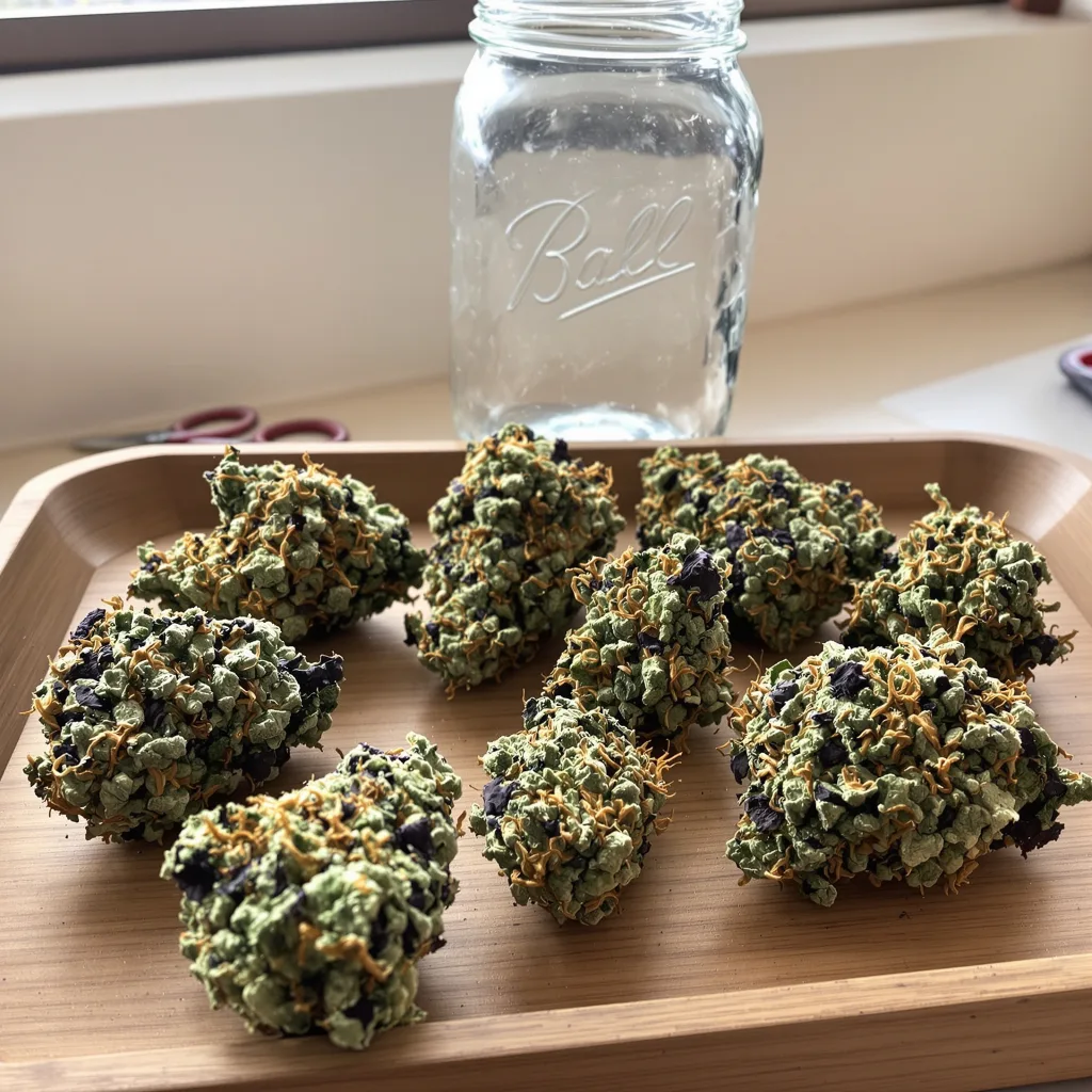 Violator Kush 70% indica / 20% sativa — flor con tricomas visibles