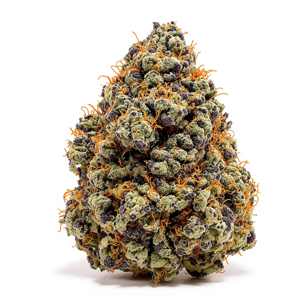 Violator Kush 70% indica / 20% sativa — flor con tricomas visibles
