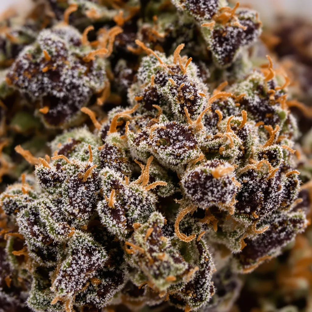 Primer plano de cogollo de cannabis Warlock mostrando cálices densos con tonos morados