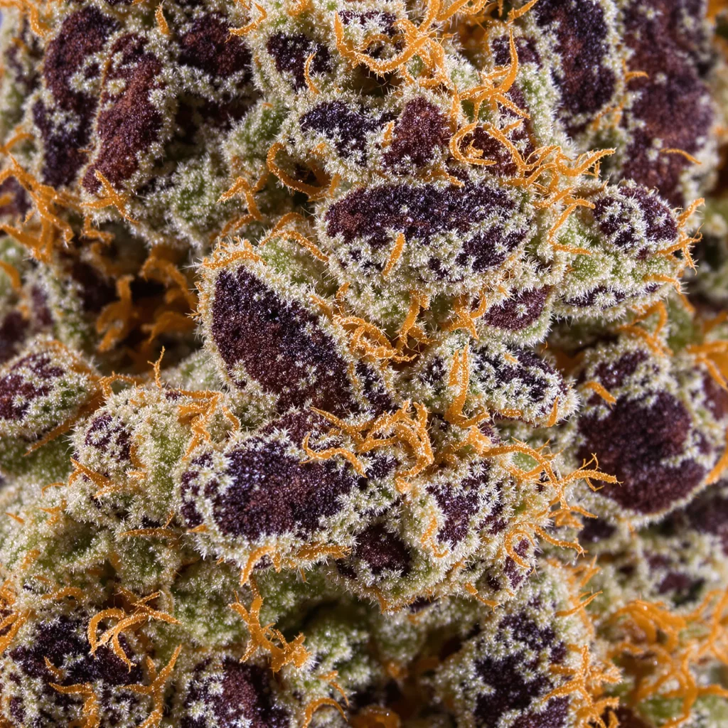 Primer plano de cogollo de cannabis Watermelon Bubblegum mostrando cálices densos con tonos morados